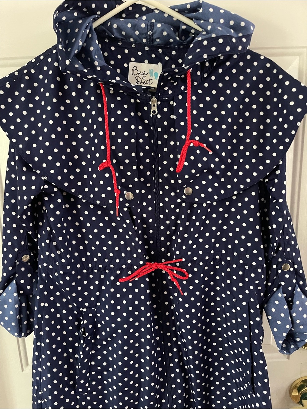 Modcloth Navy and White Polka Dot Rain Coat with Red Drawstrings - Picture 2 of 9